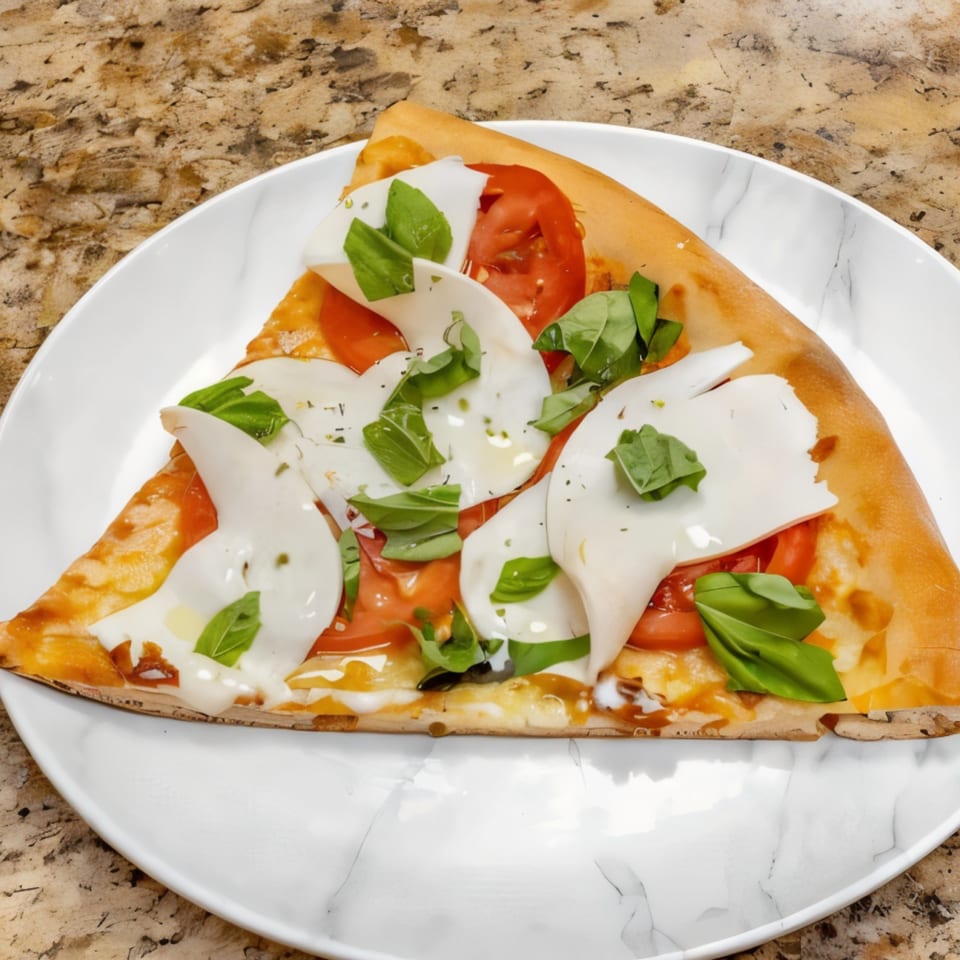 A slice of Parma Market & Bakery's Caprese pizza with fresh mozzarella, tomatoes, and basil.
