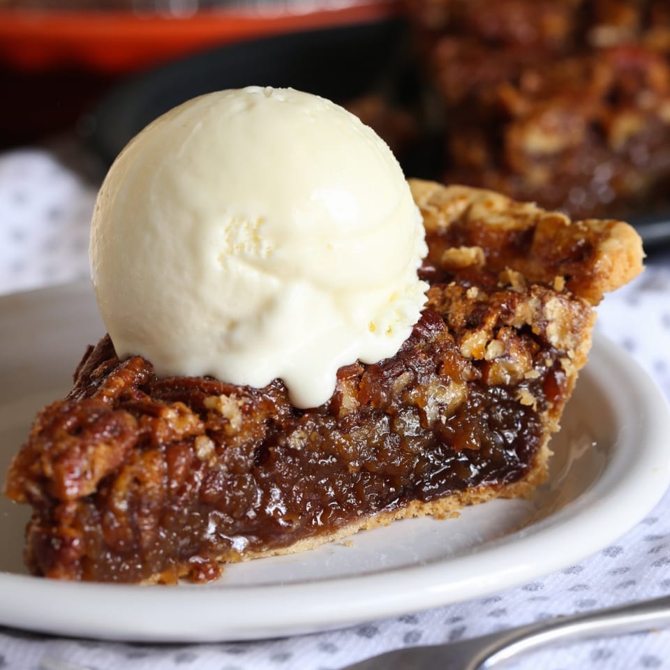A slice of pecan pie with a scoop of vanilla ice cream on a white plate.