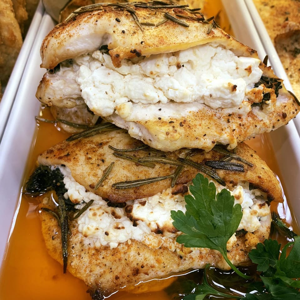 Two golden-brown chicken breasts stuffed with white cheese and garnished with rosemary and parsley.