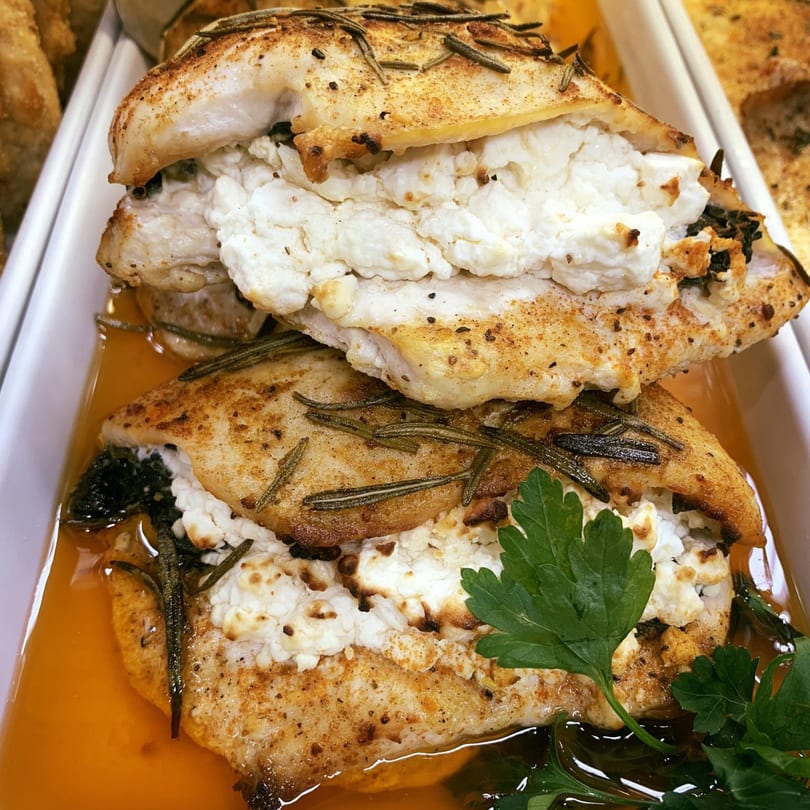 Two golden-brown chicken breasts stuffed with white cheese and garnished with rosemary and parsley.